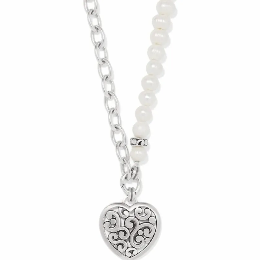 Brighton Contempo Heart Pearl Charm Necklace Silver-Pearl Clearance