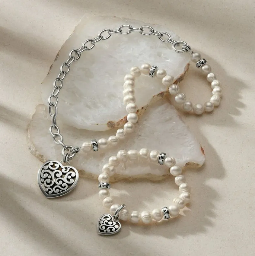 Brighton Contempo Heart Pearl Charm Necklace Silver-Pearl Clearance