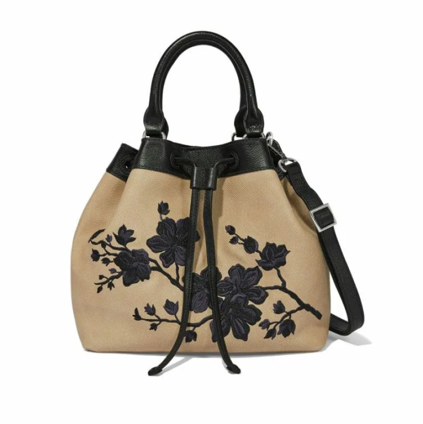 Brighton Elise Embroidered Drawstring Bag Black-Natural Fashion
