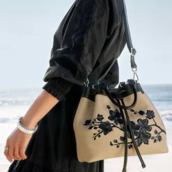 Brighton Elise Embroidered Drawstring Bag Black-Natural Fashion