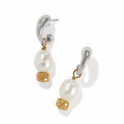 Brighton Meridian Petite Pearl Two Tone Post Hoop Earrings Silver-Pearl New